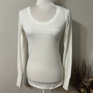 Poof Excellence Ivory Long Sleeve Scoop Neck Stretch T-shirt Top Pocket Sz M